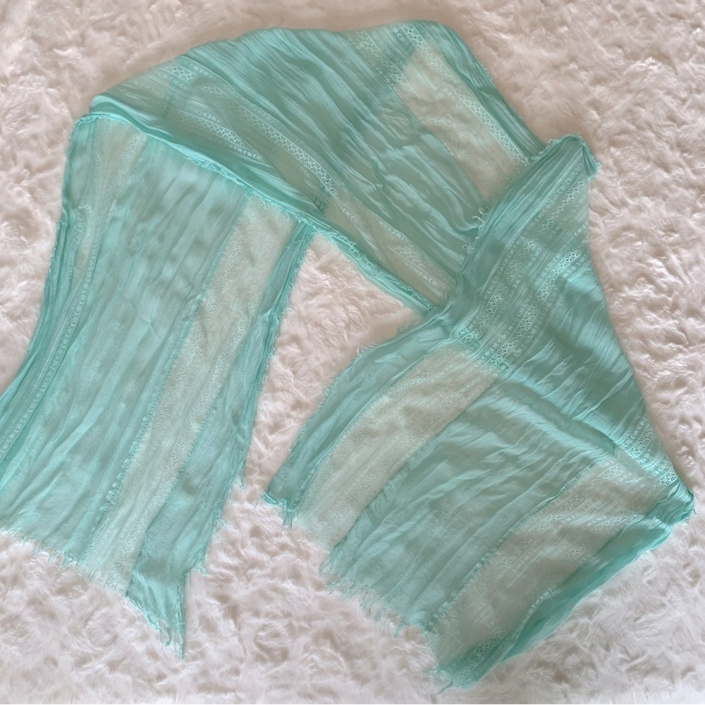 Soft Mint Sheer Scarf. Cotton and lace. 72” x 21”